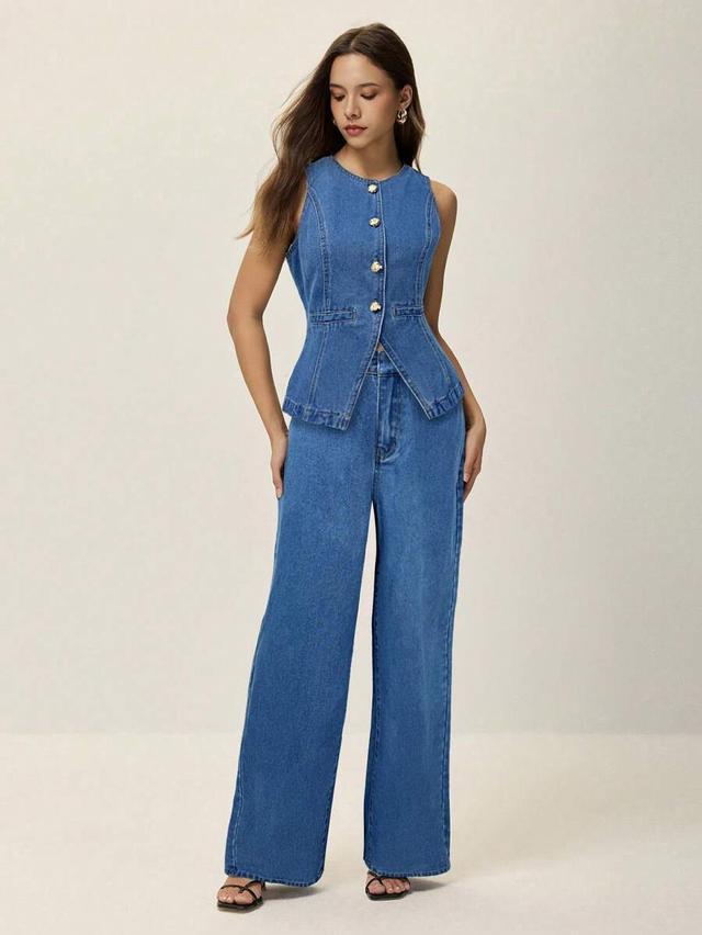 denim button-up peplum vest and matching wide-leg trousers