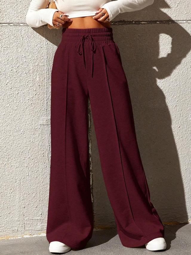 burgundy solid color drawstring waist wide leg sweatpants