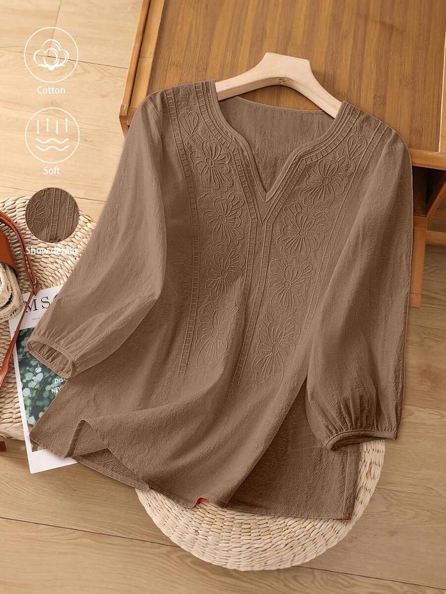 brown v-neck embroidered short sleeve cotton blouse