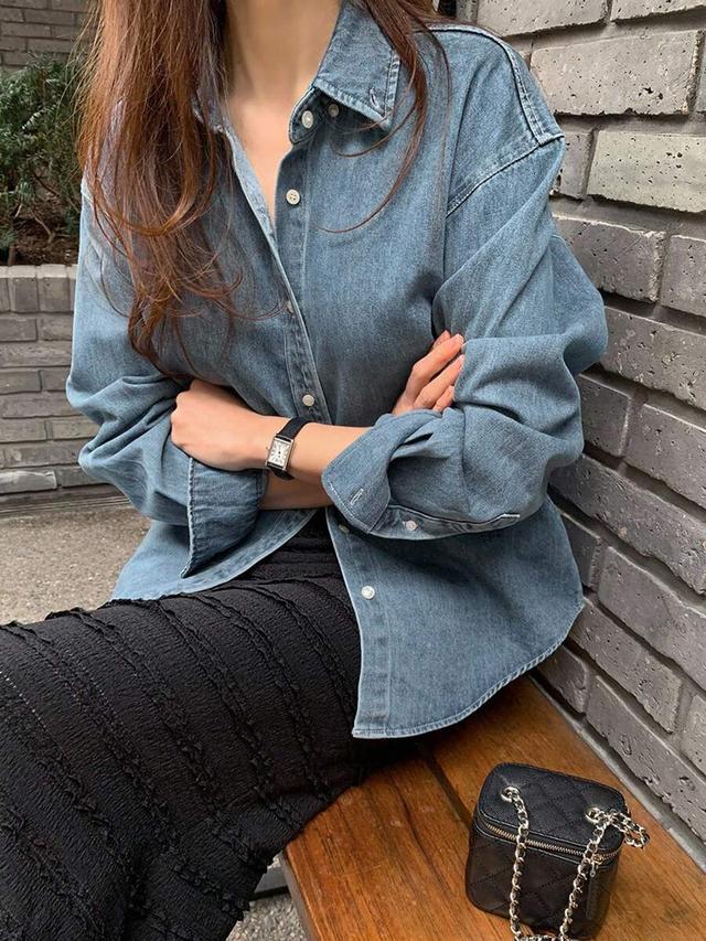 oversized light wash denim button down shirt