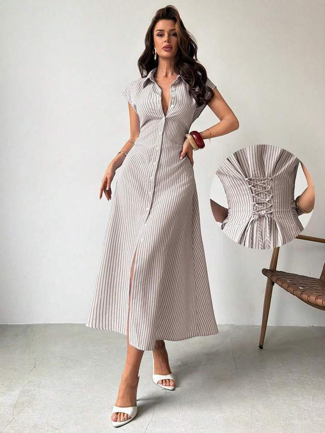 striped puff sleeve a-line midi shirt dress