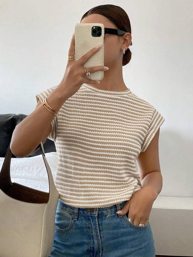 siren gaze women white round neck striped knit t-shirt