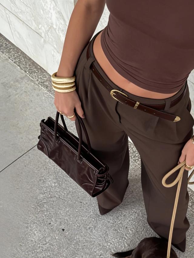 women's brown wide leg tailored trousers