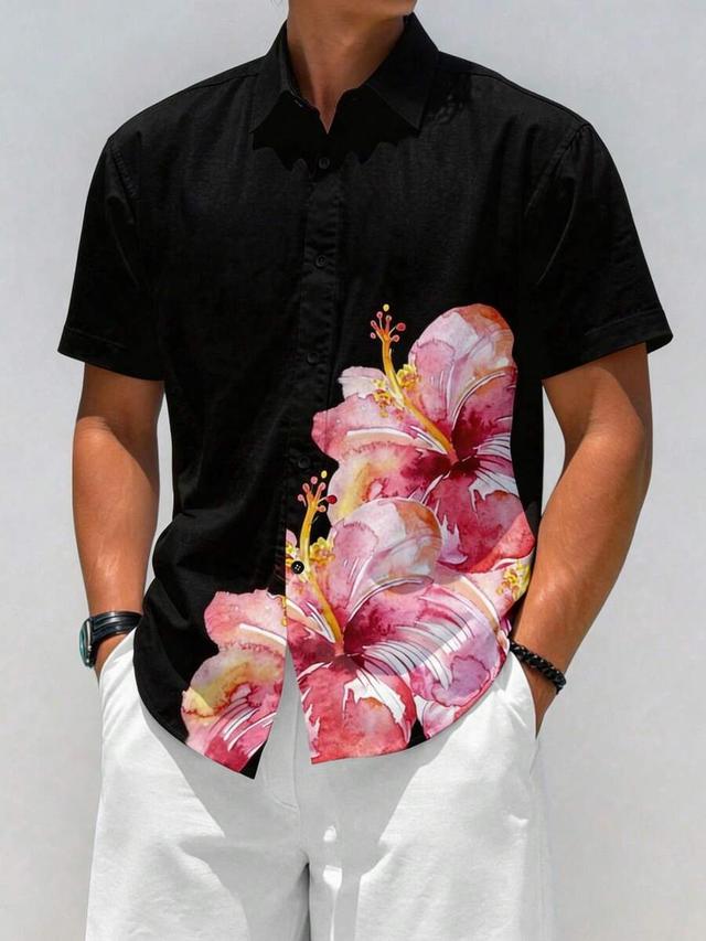 black floral print short sleeve holiday shirt