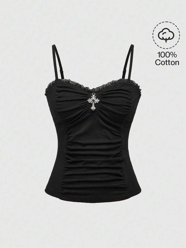 black goth lace patchwork ruched snug tank top