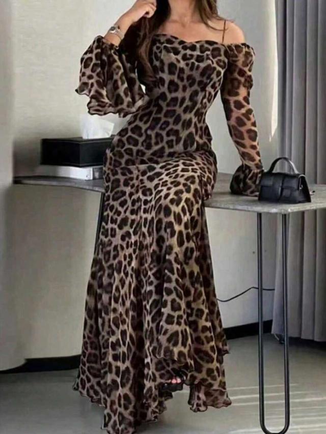 elegant leopard print ruffle hem waist cinched long dress
