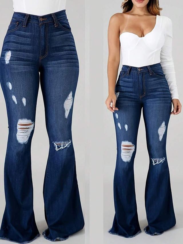 distressed dark wash denim flare jeans