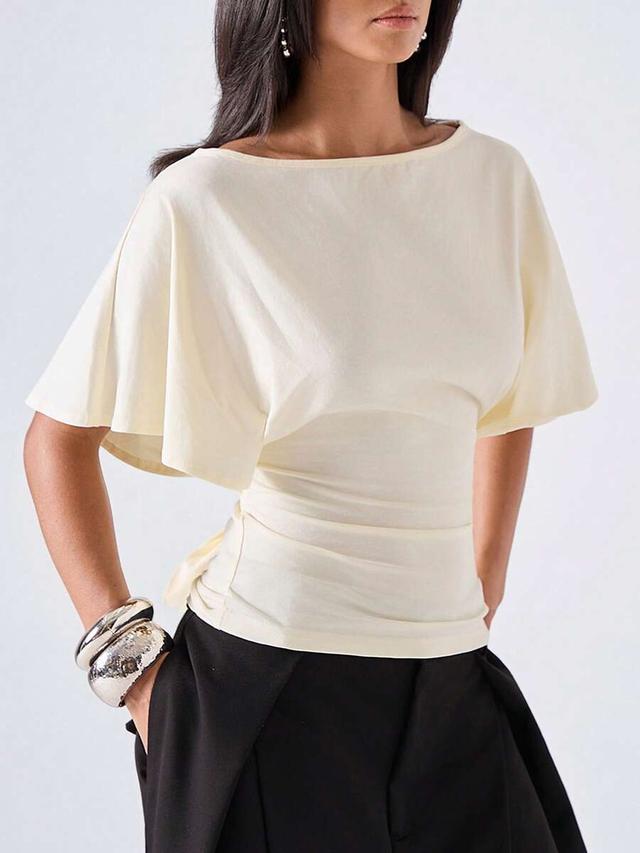 solid cream round neck batwing waist-cinching top