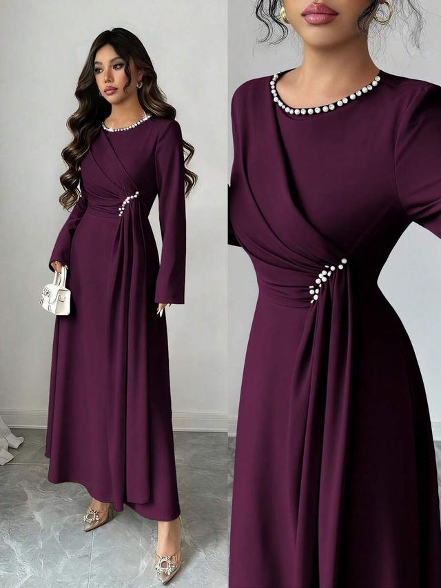 elegant dark purple pearl decor chiffon a-line dress