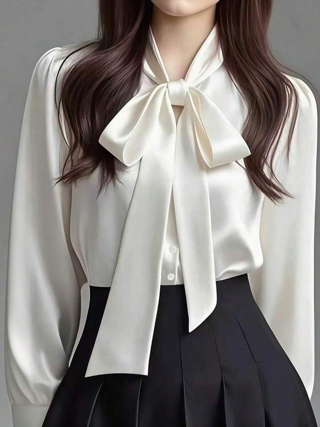 elegant white satin long sleeve blouse with bow collar
