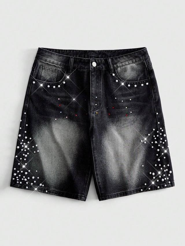 rhinestone embellished black denim shorts