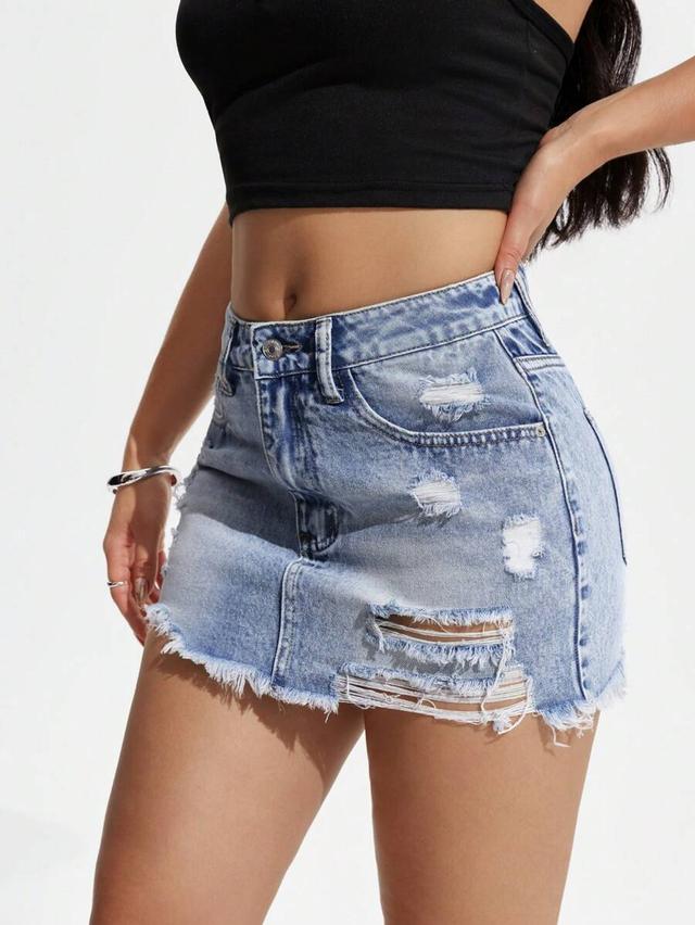 distressed light wash denim mini skirt