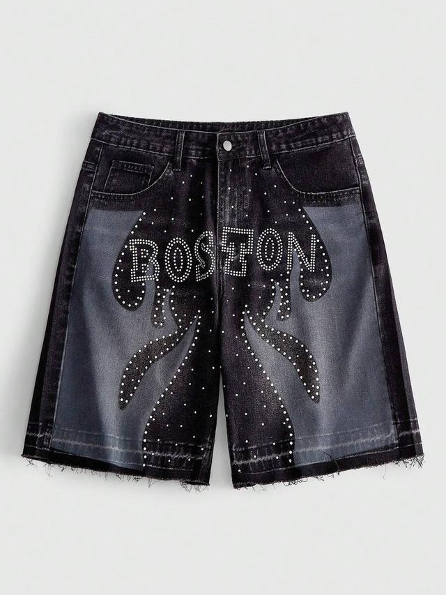 rhinestone decor contrast color casual denim shorts