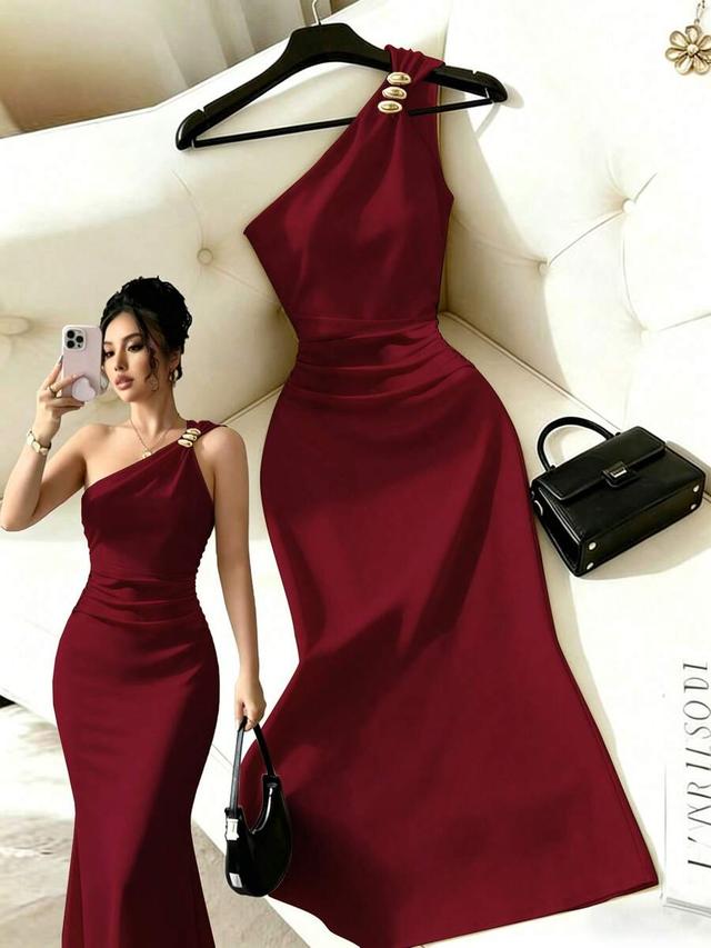 burgundy one-shoulder satin midi dress with gold buttons