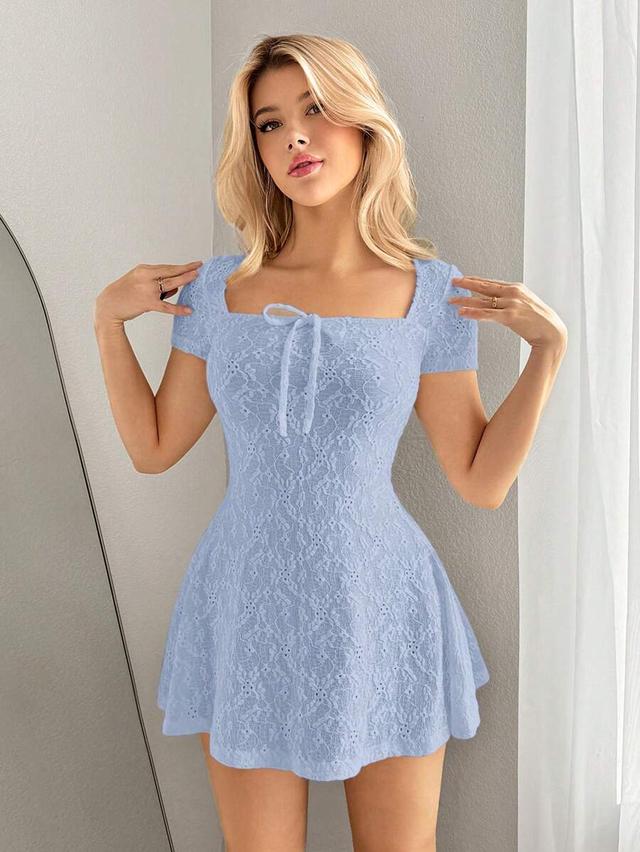 light blue lace square neck mini dress