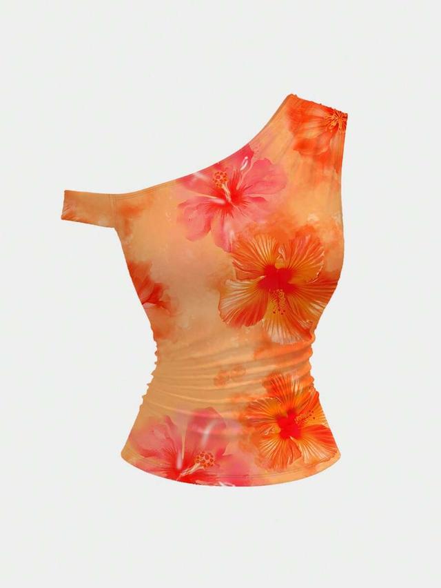 orange floral print one-shoulder fitted summer blouse
