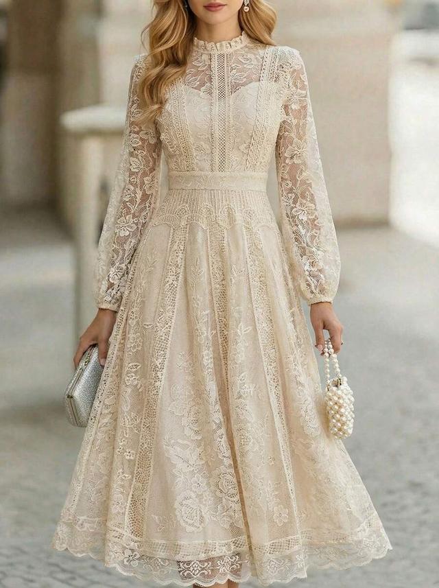 elegant solid color lace long sleeve flared midi dress