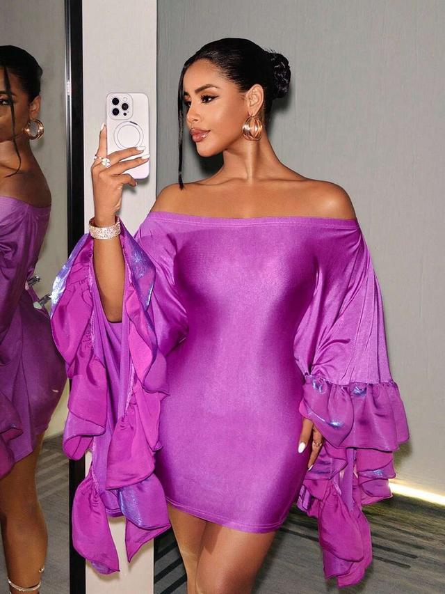 deep purple off-shoulder ruched elegant party dress