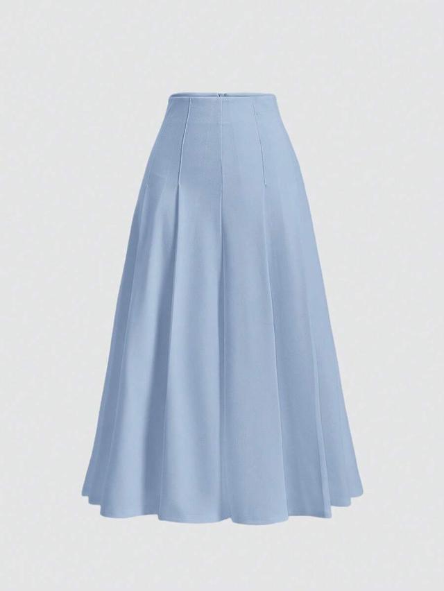 solid blue high-waisted pleated office skirt
