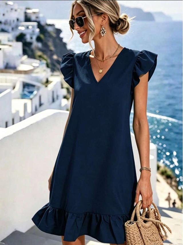 navy blue v-neck flutter sleeve ruffle hem dress