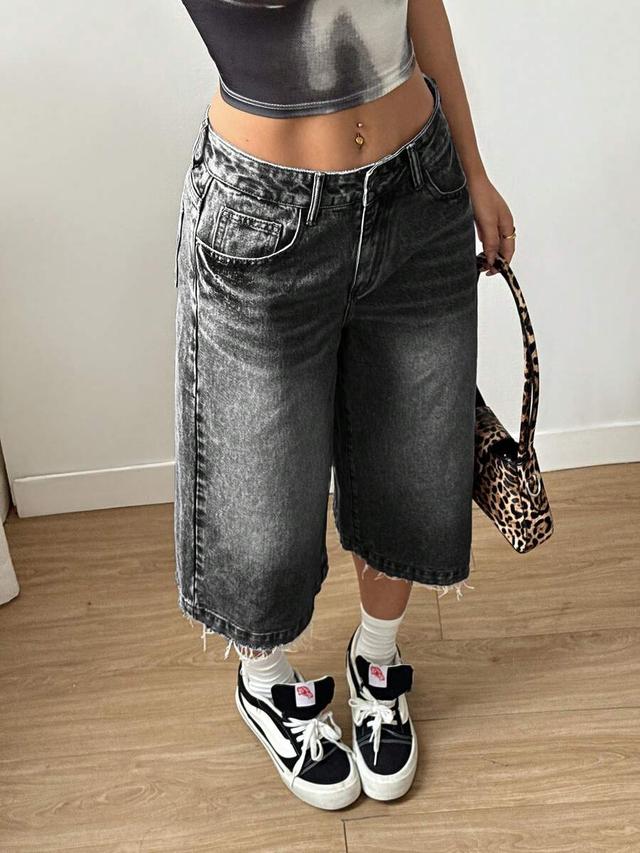 acid wash black denim knee length shorts