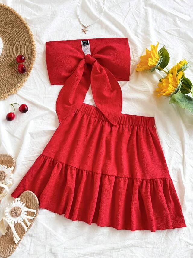 red solid color tie-up tube top and skirt set