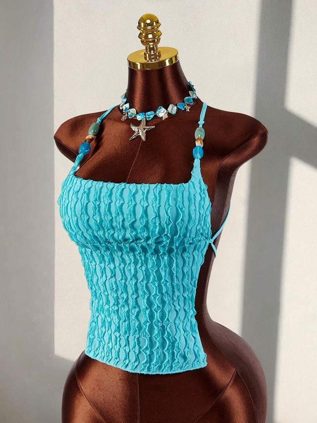 textured turquoise halter neck backless summer top
