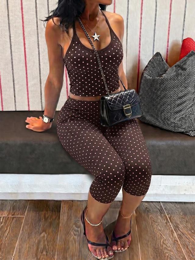 brown polka dot camisole and cropped leggings set