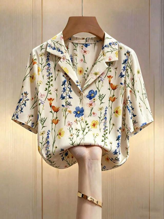 floral print collared short sleeve loose blouse
