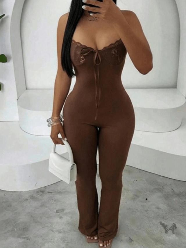 brown lace-trimmed corset-style jumpsuit