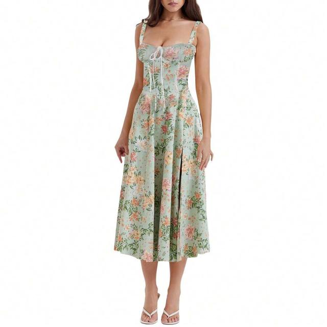 mint floral floral print midi dress with corset bodice