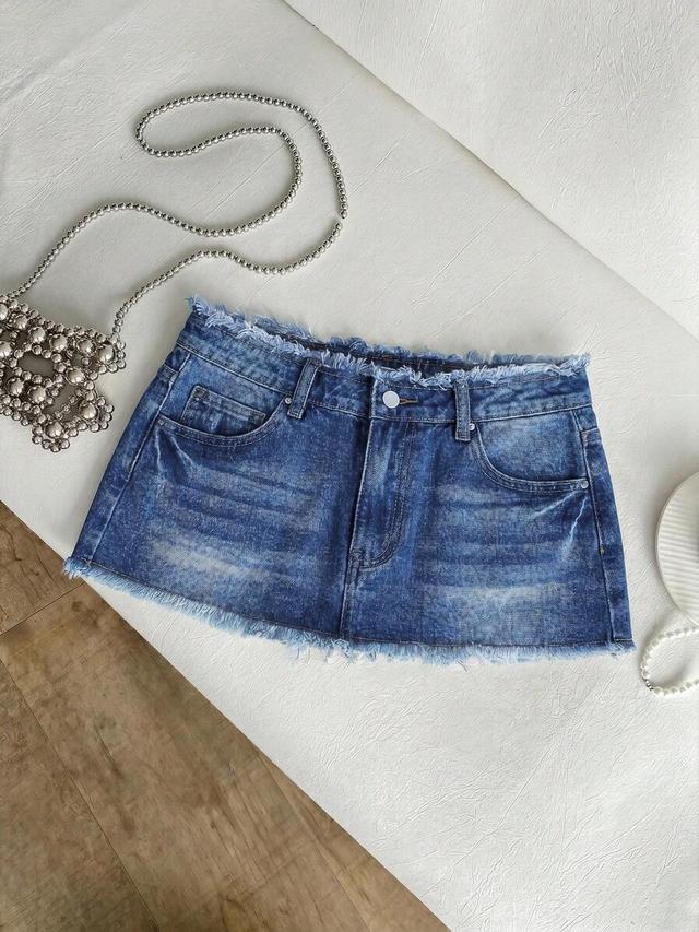 frayed ultra low waist light blue denim mini skirt