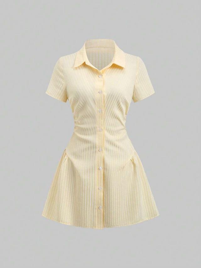 pale yellow textured button-down shirt dress