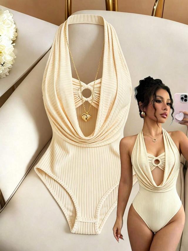 solid color plunging neck halter ribbed bodysuit