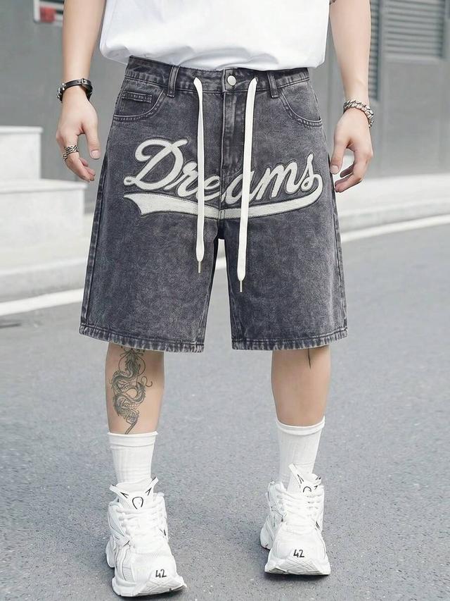 dark gray acid wash embroidered denim shorts