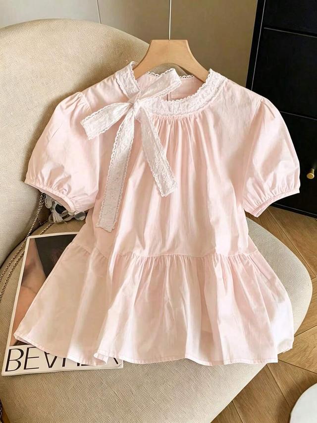 pink resyla women's elegant lace bow puff sleeve blouse
