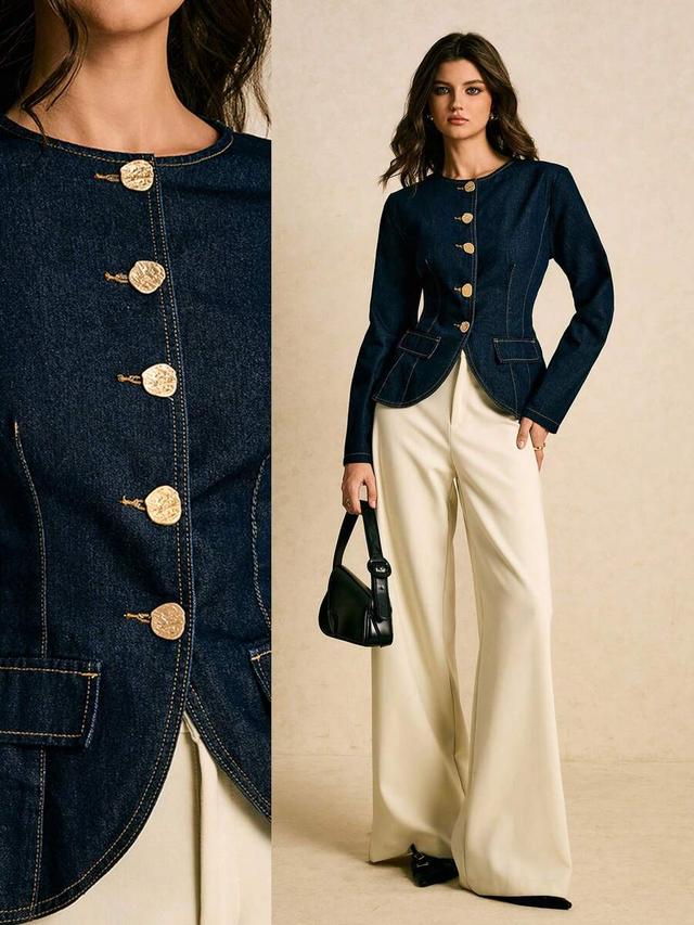 dark wash denim peplum jacket with gold buttons