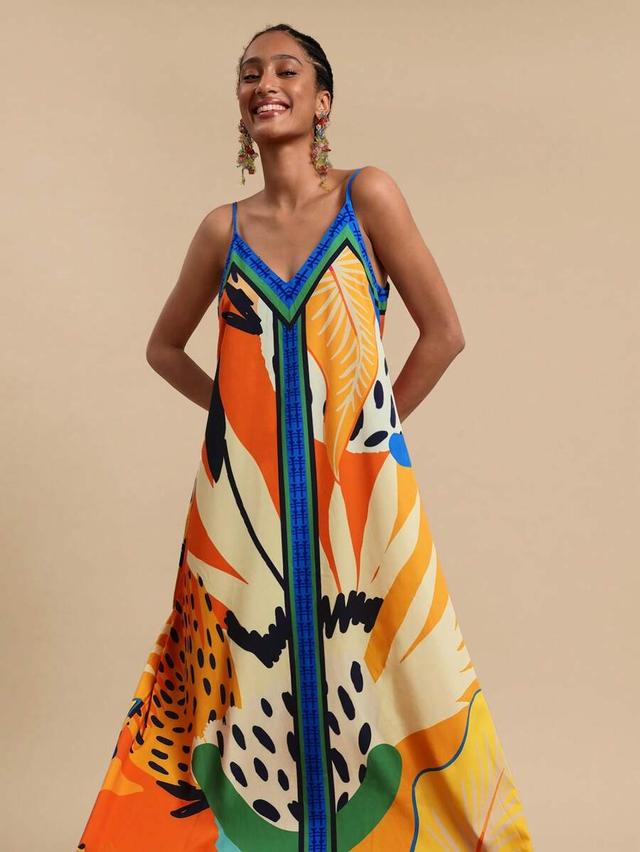 v-neck asymmetrical hem tropical print summer dress