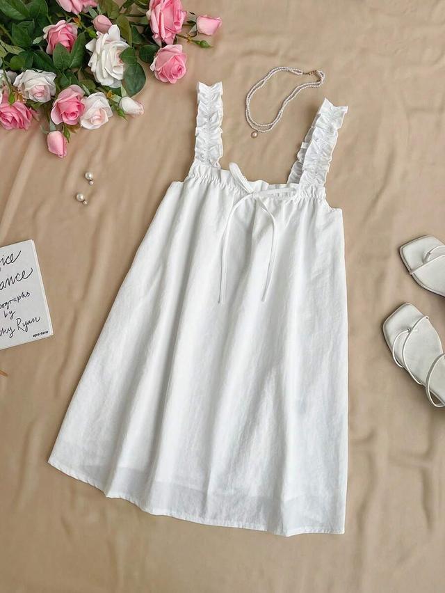 white cotton sleeveless ruffled strap mini dress