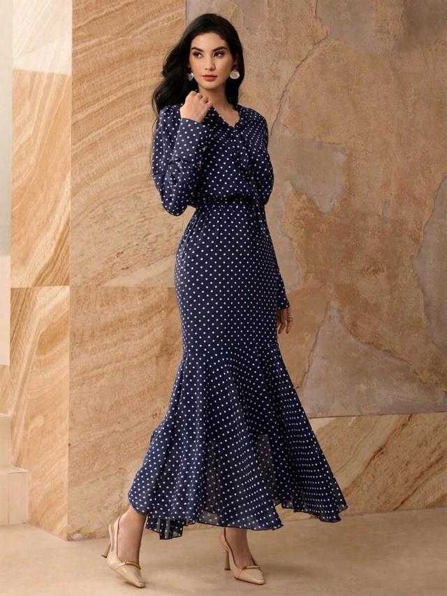 navy blue polka dot high cinched waist dress