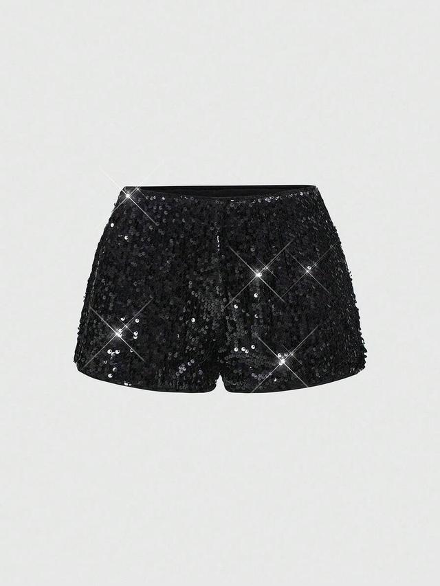 black sequin embellished low waist mini shorts