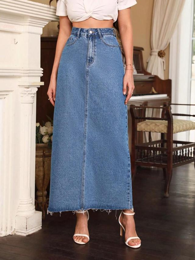 high-waisted blue denim midi skirt with raw hem