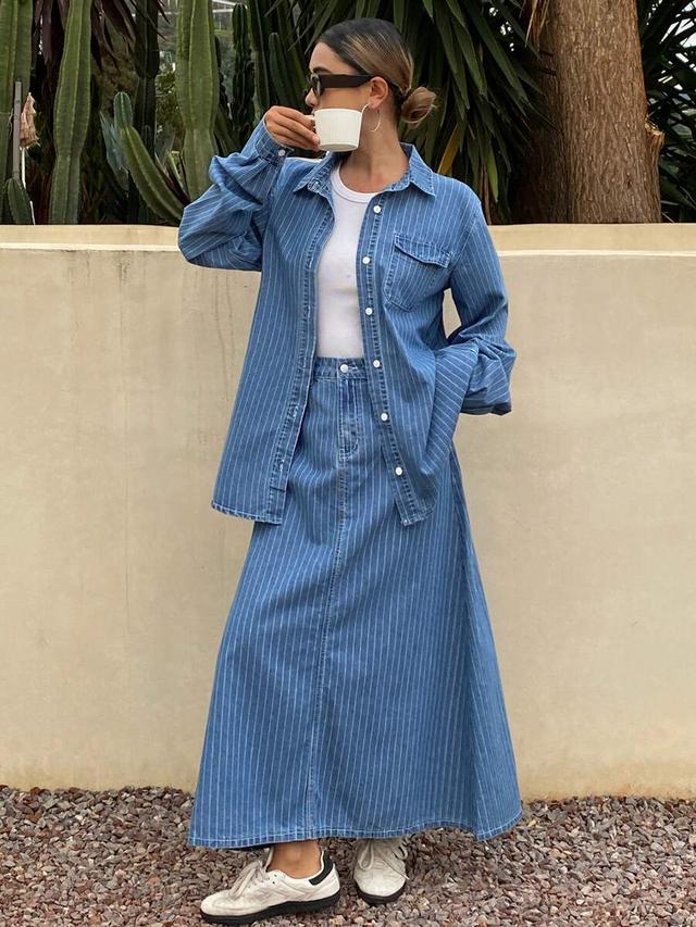 striped denim shirt and maxi skirt set