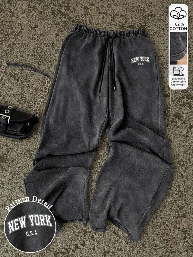 grey cotton vintage washed wide-leg drawstring sweatpants
