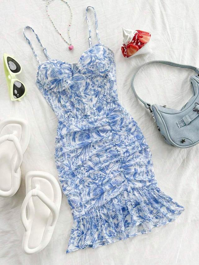 blue and white floral print ruched bodycon dress
