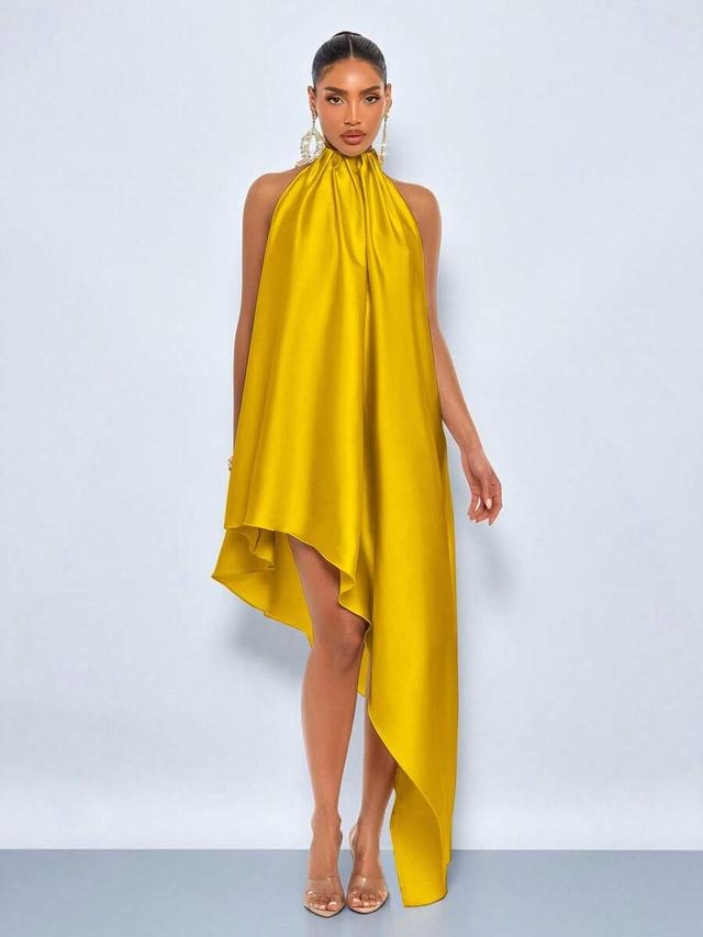mustard yellow satin high-low halter neck dress