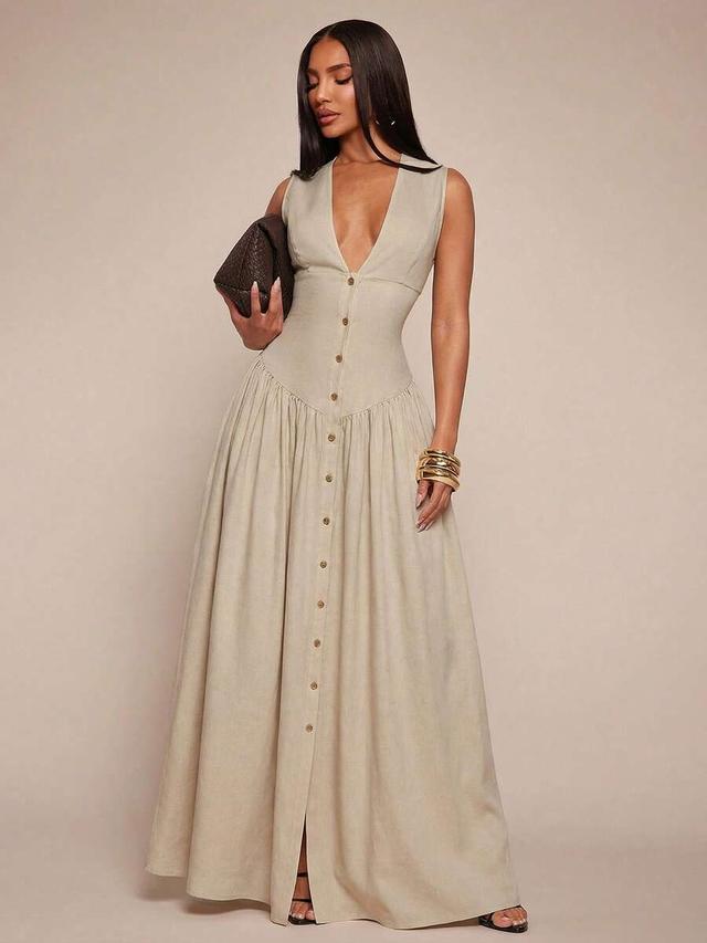 sleeveless beige linen button-down maxi dress
