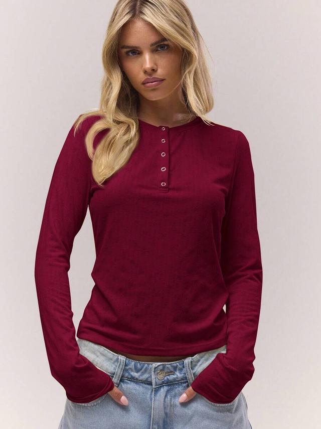 burgundy long sleeve pointelle button down top