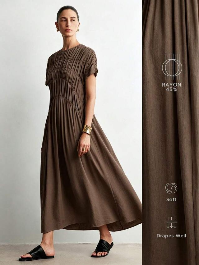 brown gathered midi dress with smocked bodice