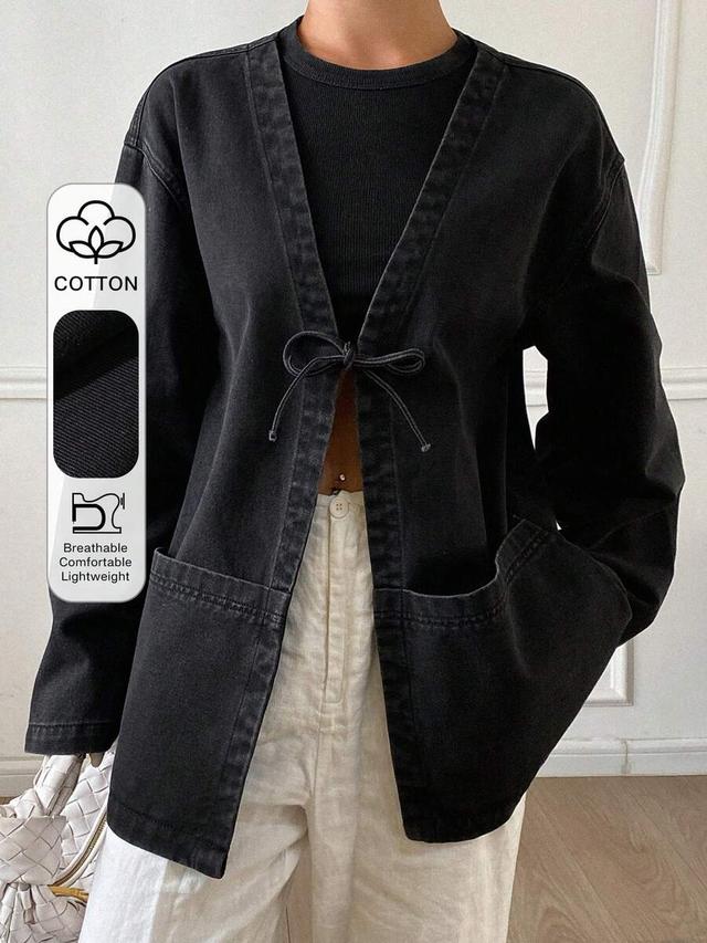 black cotton denim tie-front jacket